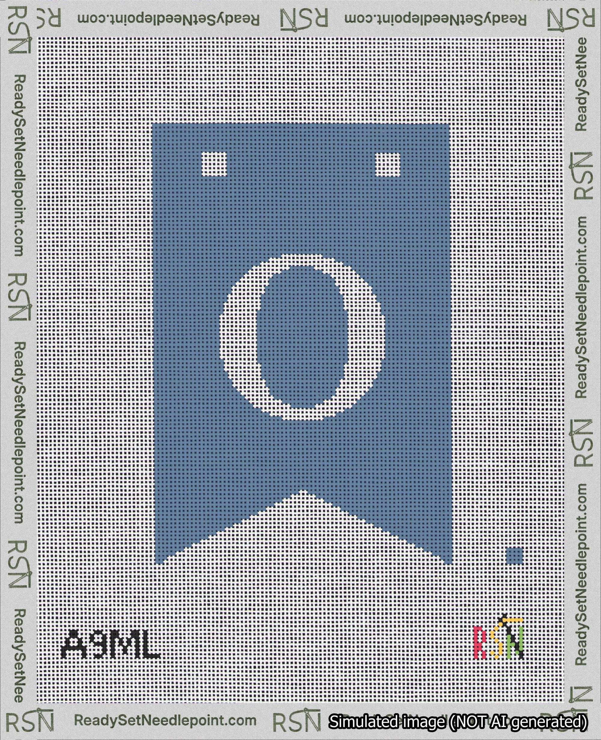 A taped needlepoint canvas with the design: Banner 18 mesh count Forked O White on Blue.