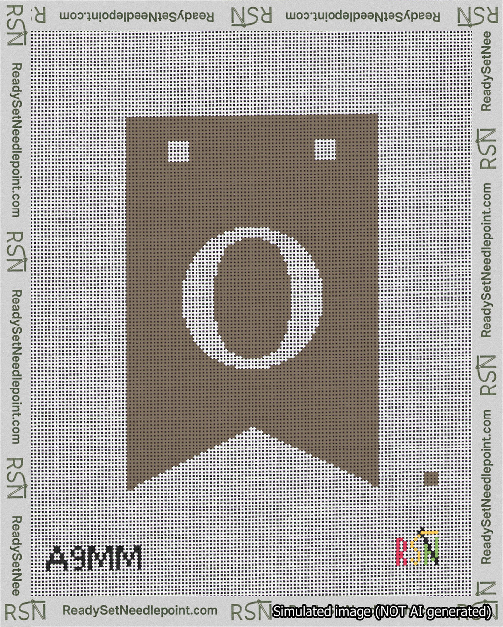 A taped needlepoint canvas with the design: Banner 18 mesh count Forked O White on Brown.