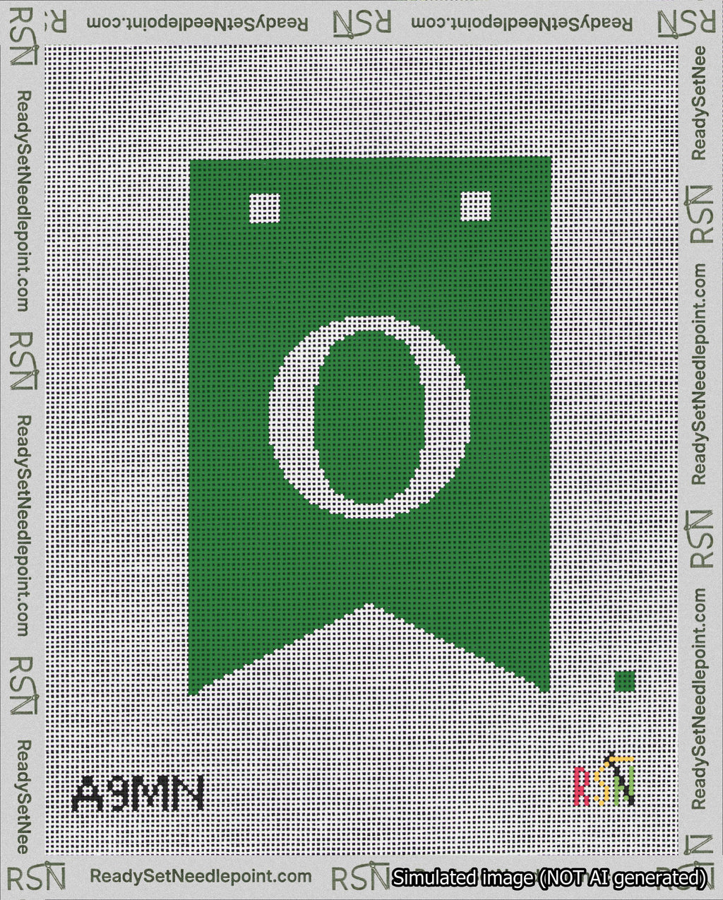 A taped needlepoint canvas with the design: Banner 18 mesh count Forked O White on Green.