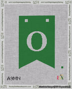 A taped needlepoint canvas with the design: Banner 18 mesh count Forked O White on Green.