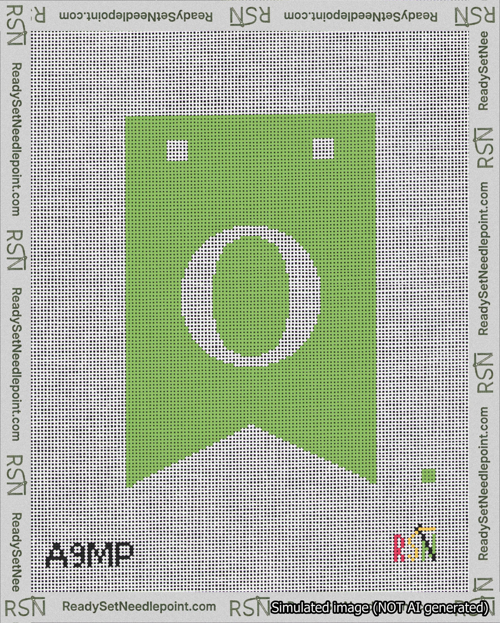 A taped needlepoint canvas with the design: Banner 18 mesh count Forked O White on Light Green.