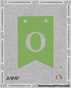 A taped needlepoint canvas with the design: Banner 18 mesh count Forked O White on Light Green.