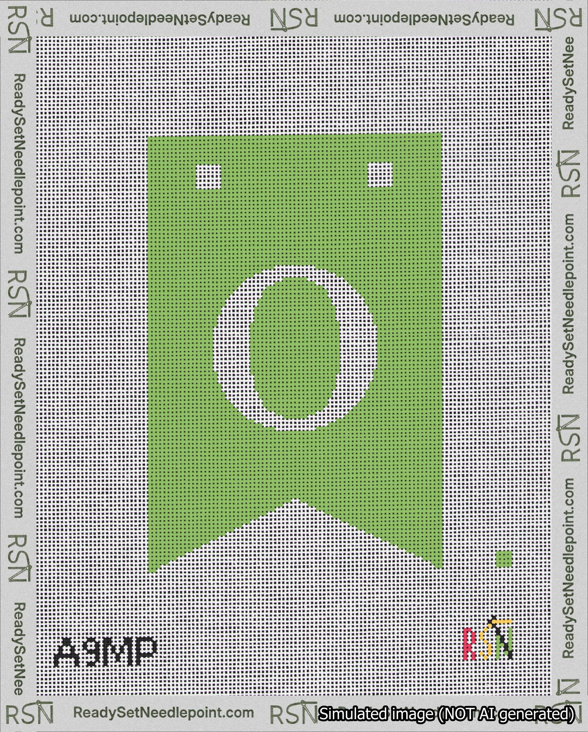 A taped needlepoint canvas with the design: Banner 18 mesh count Forked O White on Light Green.