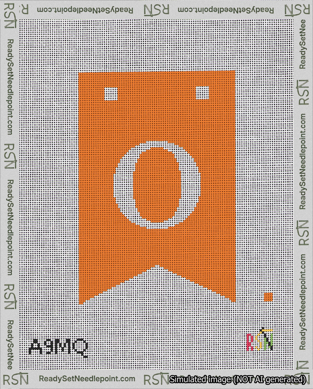 A taped needlepoint canvas with the design: Banner 18 mesh count Forked O White on Orange.
