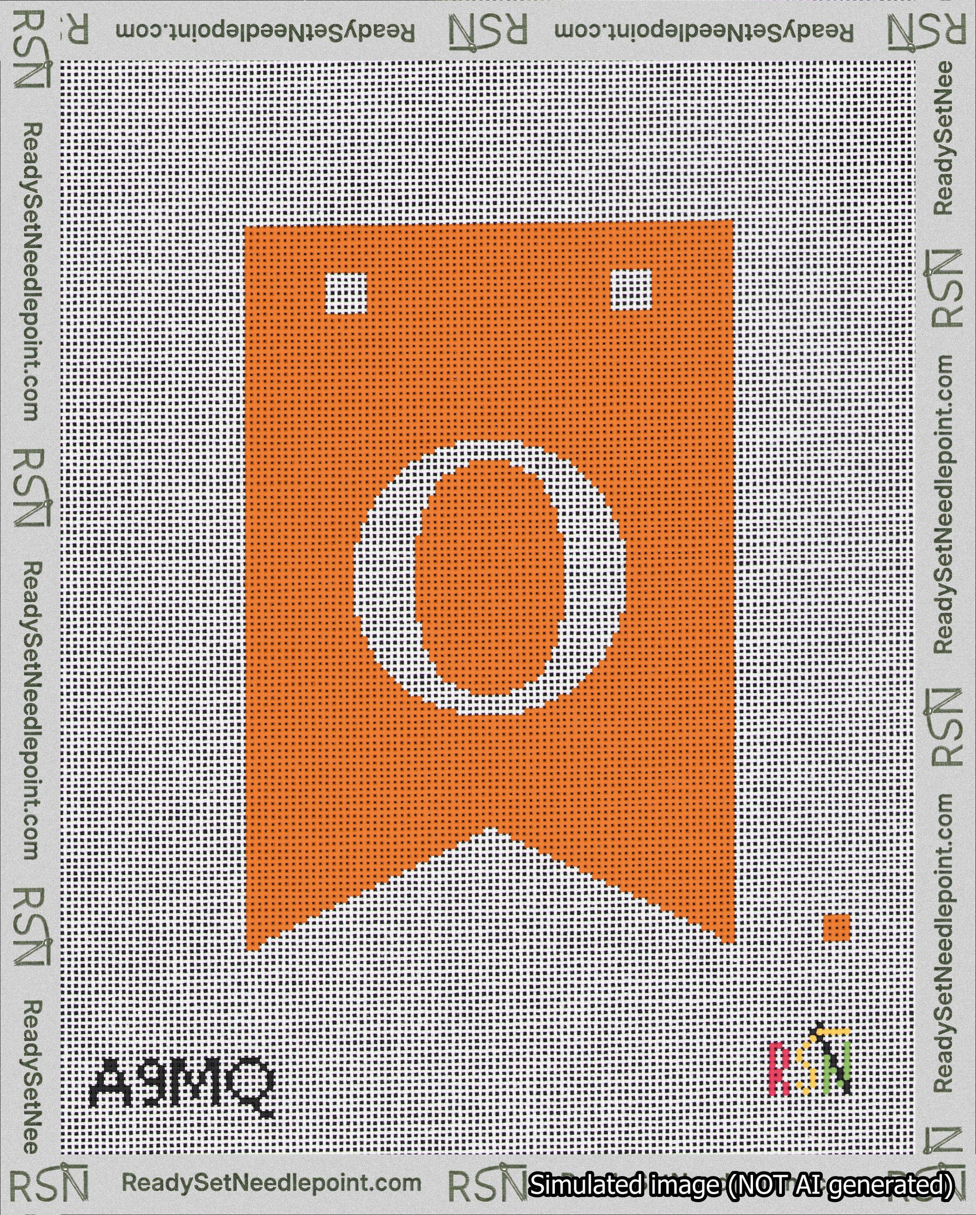 A taped needlepoint canvas with the design: Banner 18 mesh count Forked O White on Orange.