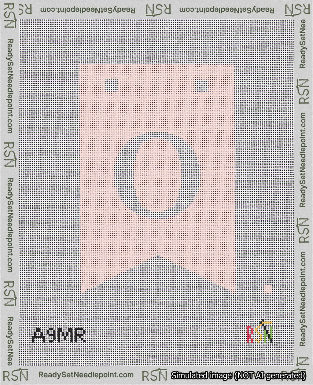 A taped needlepoint canvas with the design: Banner 18 mesh count Forked O White on Pink.