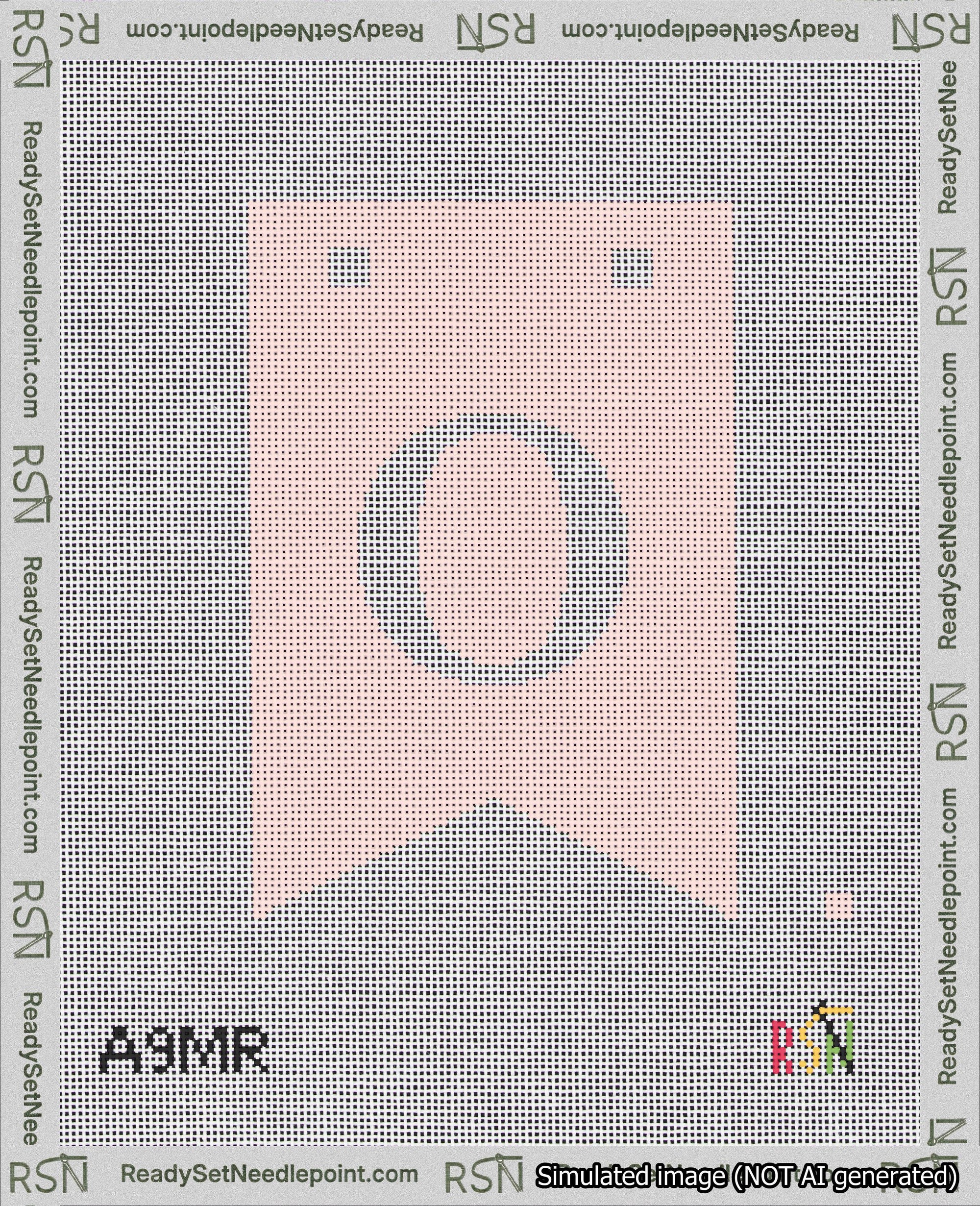 A taped needlepoint canvas with the design: Banner 18 mesh count Forked O White on Pink.