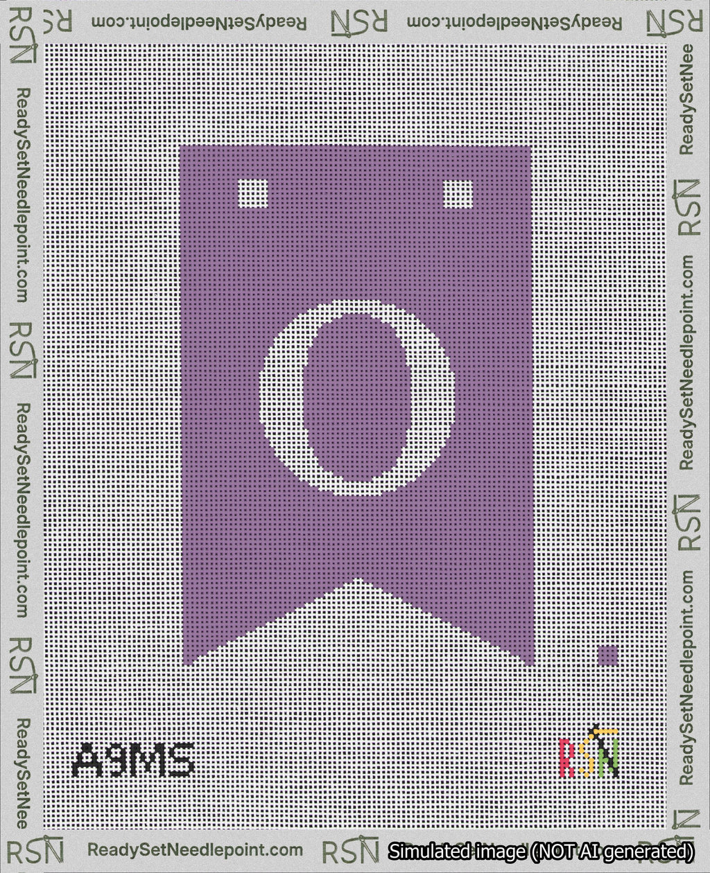 A taped needlepoint canvas with the design: Banner 18 mesh count Forked O White on Purple.