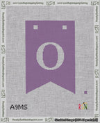 A taped needlepoint canvas with the design: Banner 18 mesh count Forked O White on Purple.