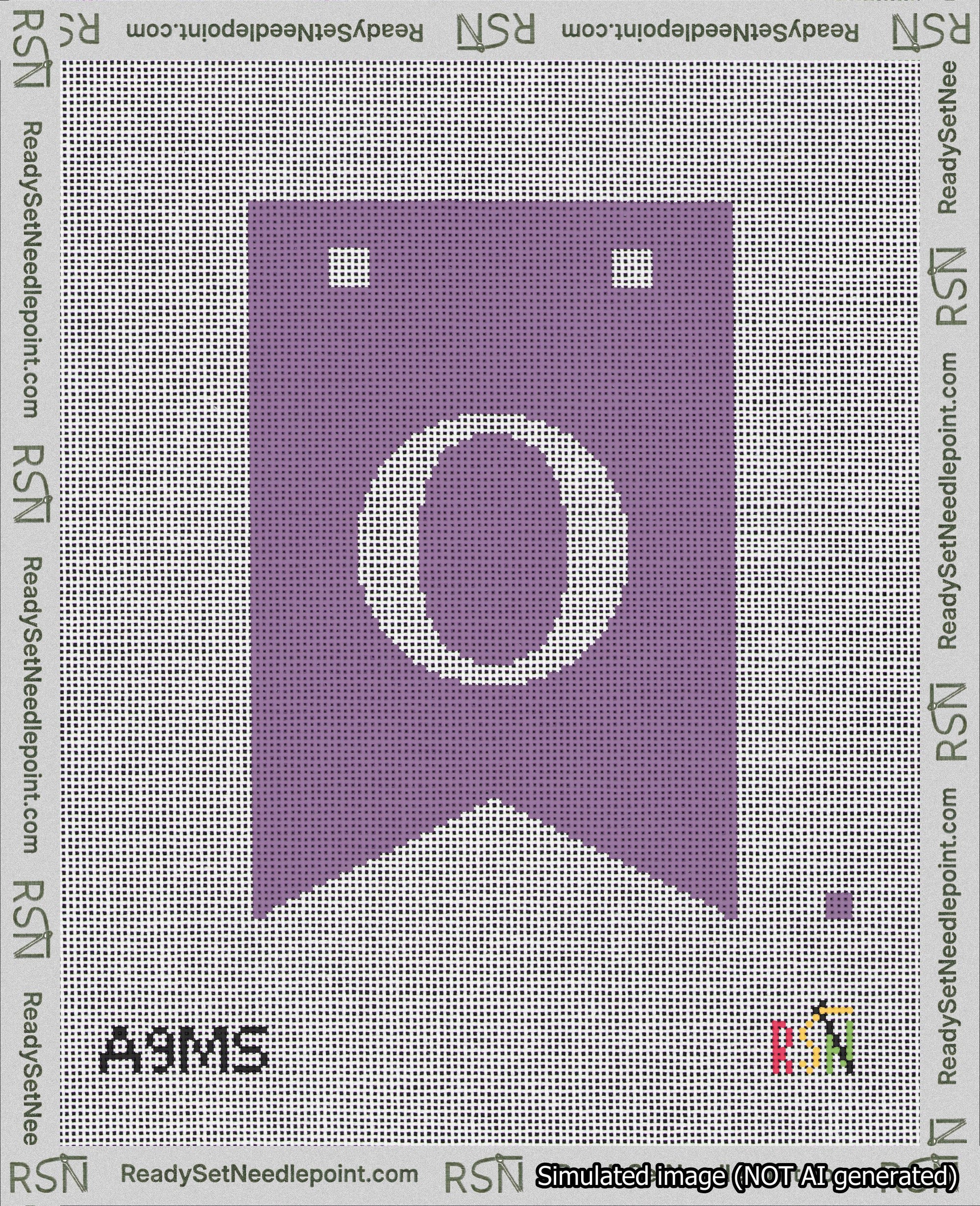 A taped needlepoint canvas with the design: Banner 18 mesh count Forked O White on Purple.