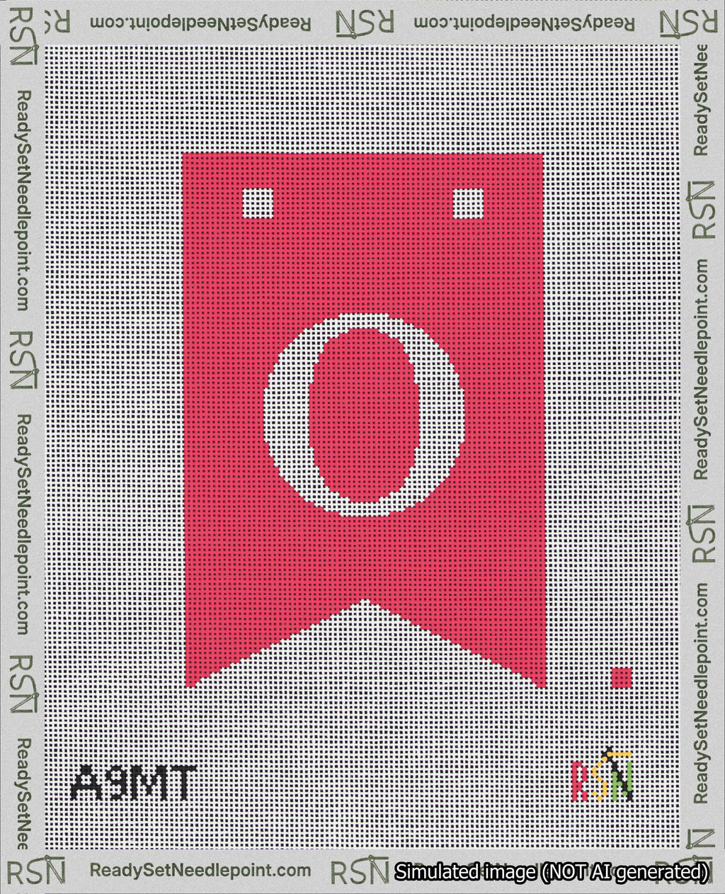 A taped needlepoint canvas with the design: Banner 18 mesh count Forked O White on Red.