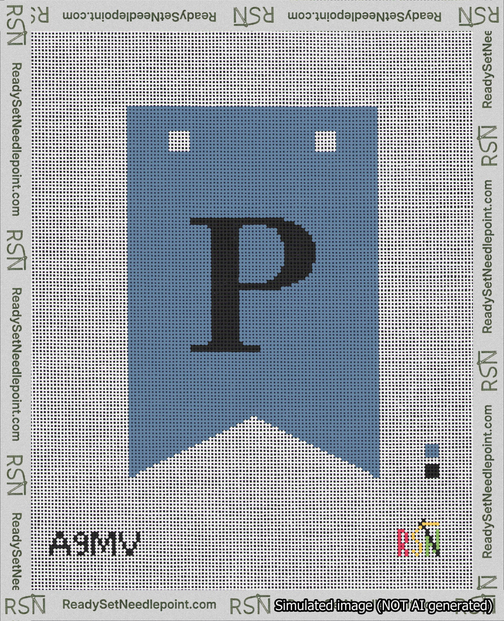 A taped needlepoint canvas with the design: Banner 18 mesh count Forked P Black on Blue.