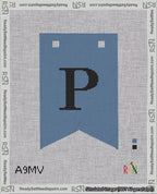 A taped needlepoint canvas with the design: Banner 18 mesh count Forked P Black on Blue.