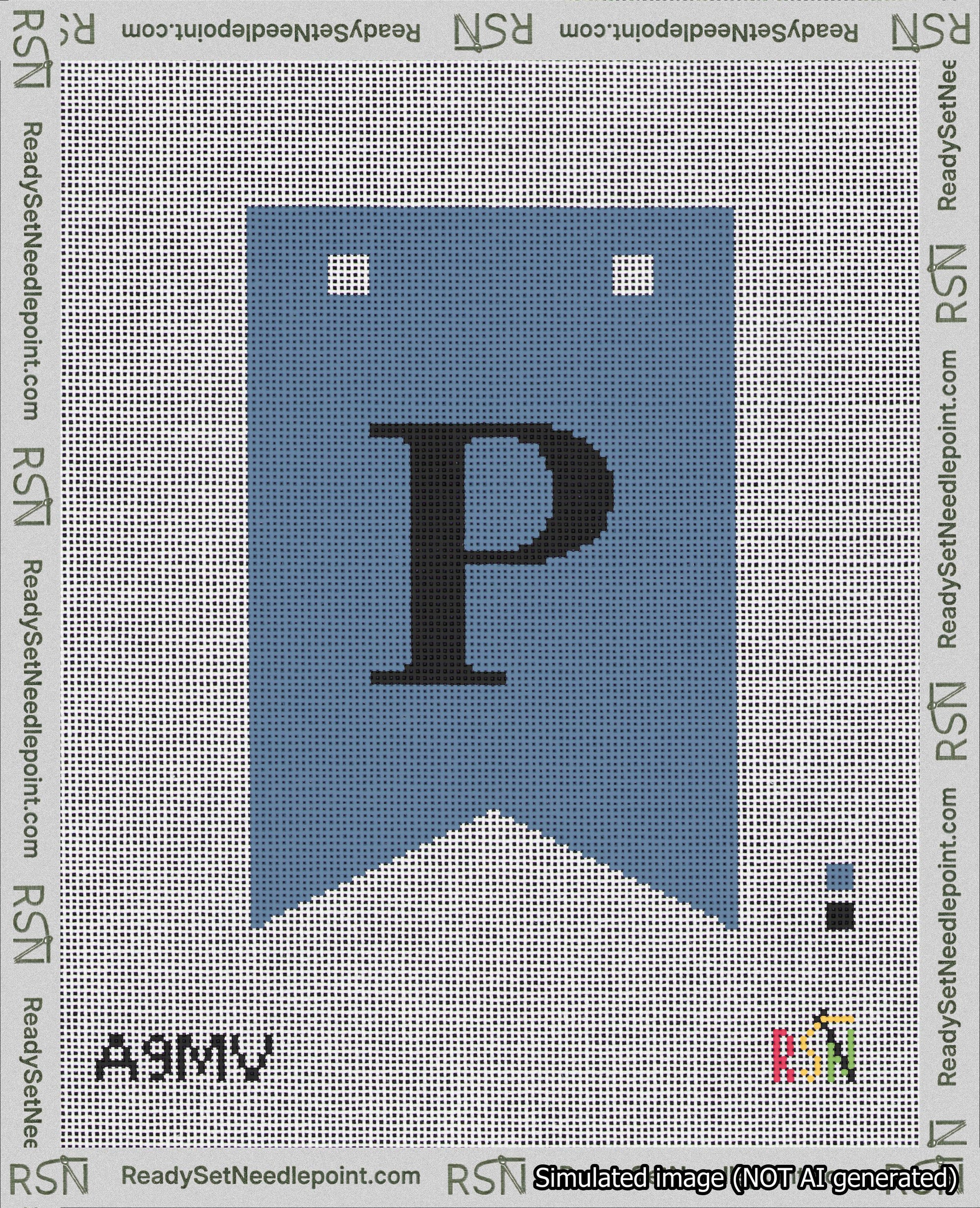A taped needlepoint canvas with the design: Banner 18 mesh count Forked P Black on Blue.