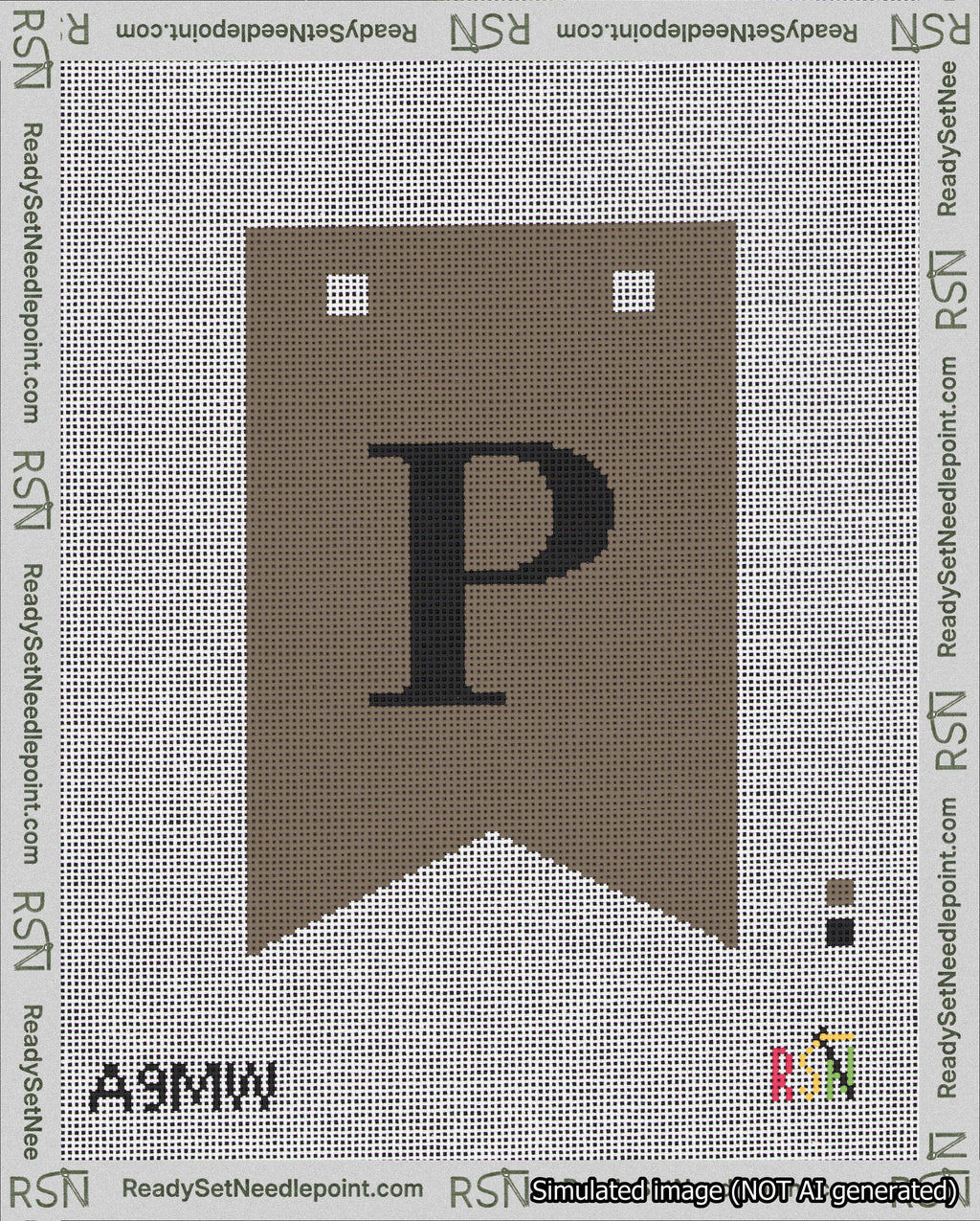 A taped needlepoint canvas with the design: Banner 18 mesh count Forked P Black on Brown.