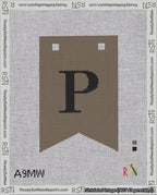 A taped needlepoint canvas with the design: Banner 18 mesh count Forked P Black on Brown.