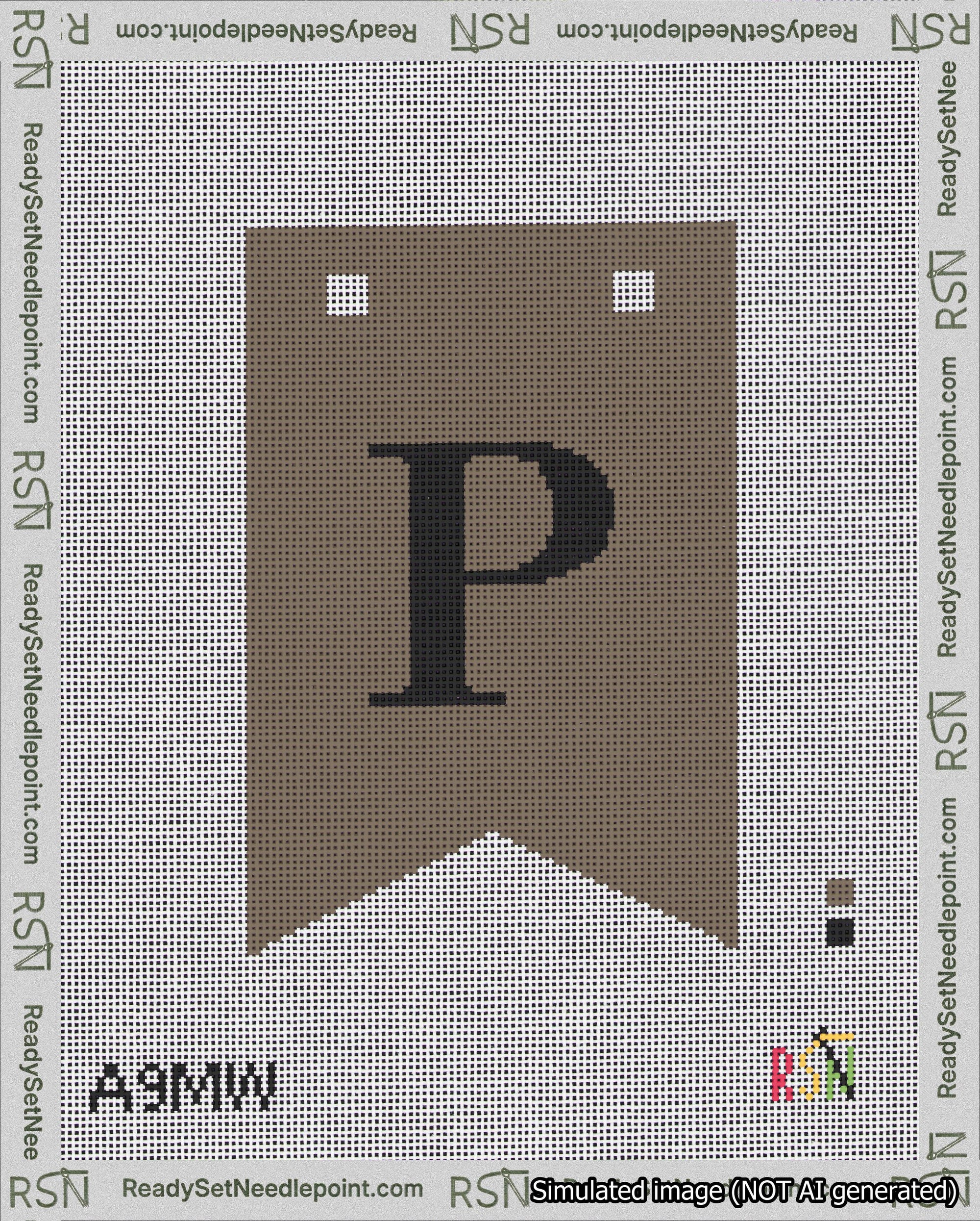 A taped needlepoint canvas with the design: Banner 18 mesh count Forked P Black on Brown.