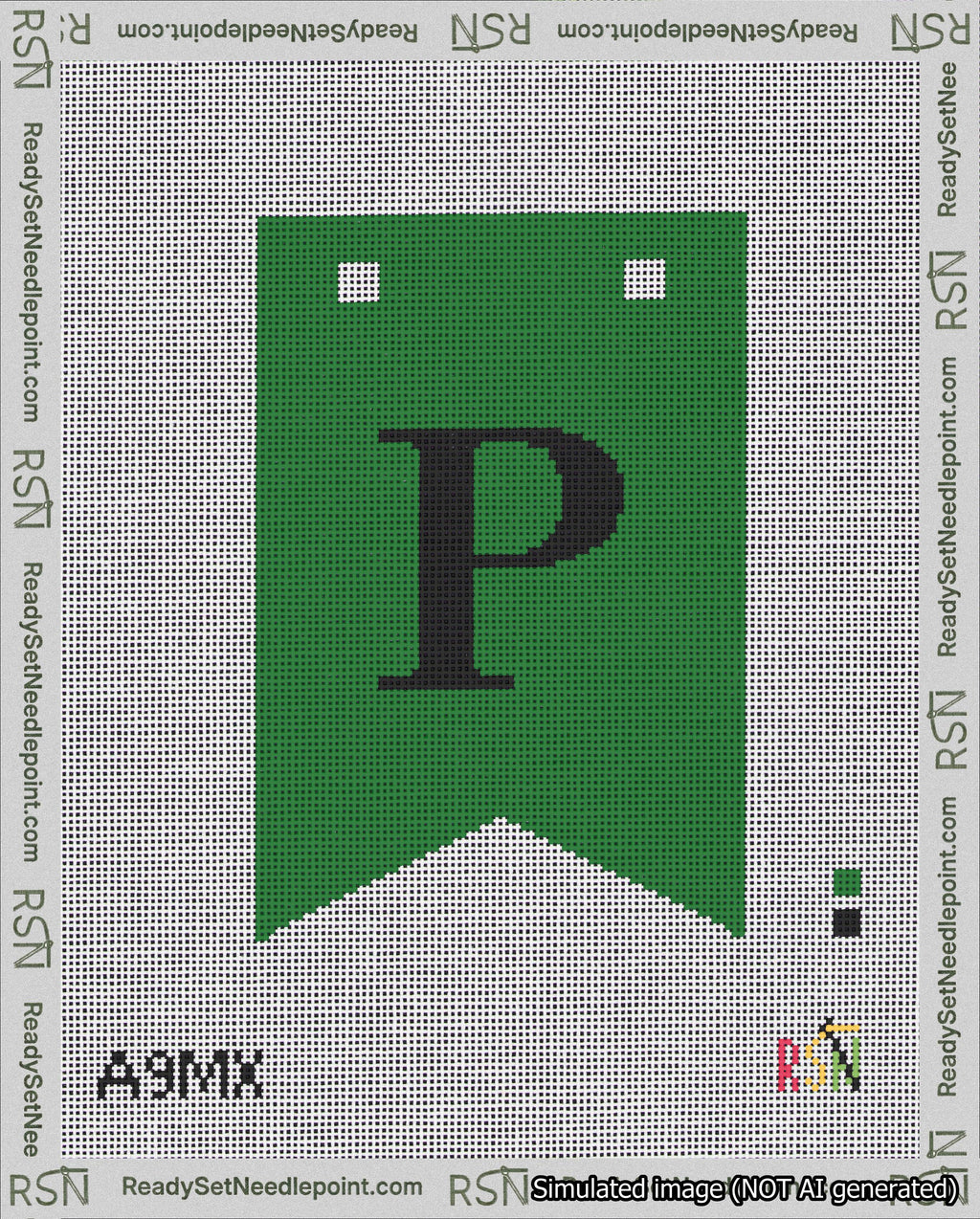 A taped needlepoint canvas with the design: Banner 18 mesh count Forked P Black on Green.