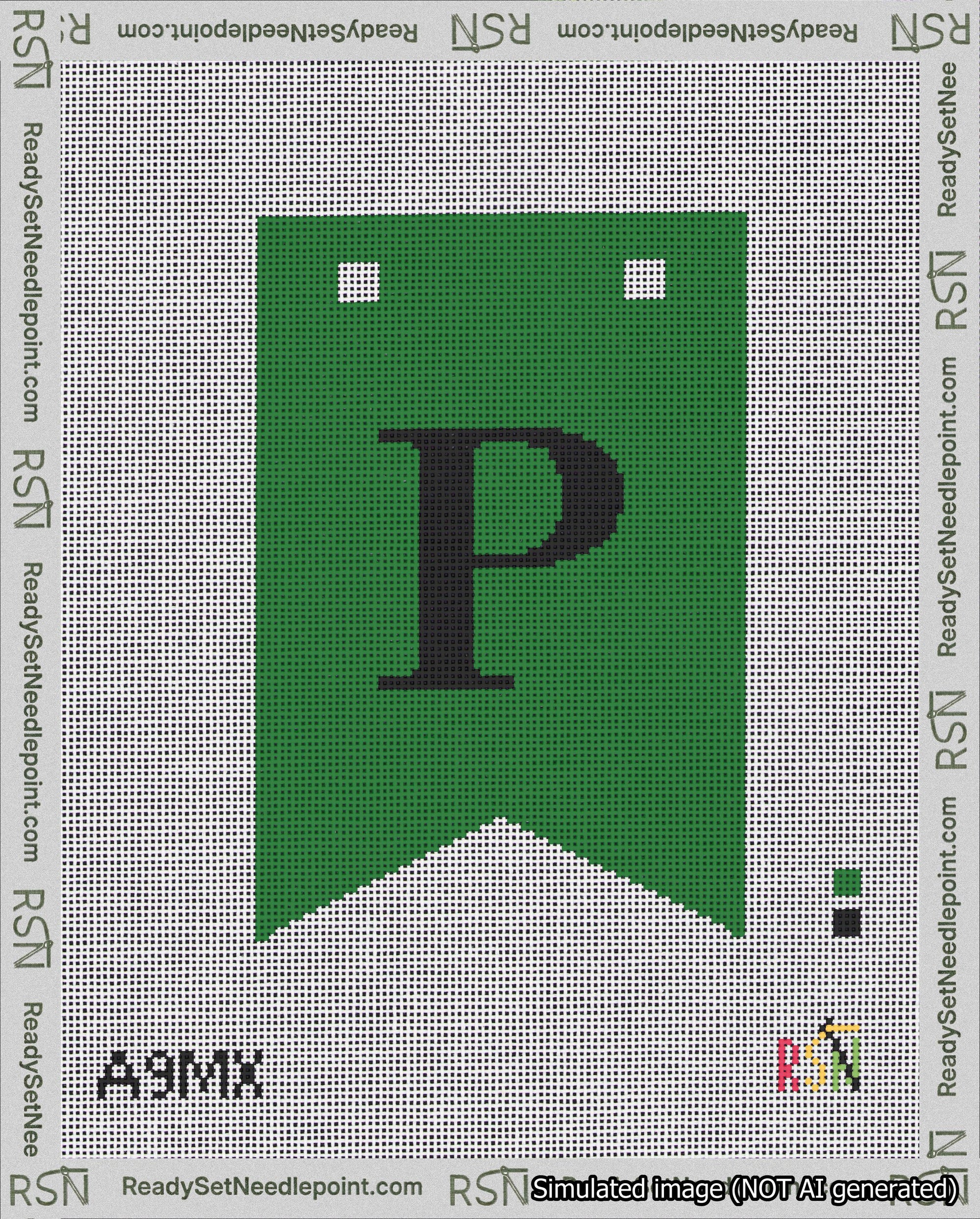 A taped needlepoint canvas with the design: Banner 18 mesh count Forked P Black on Green.