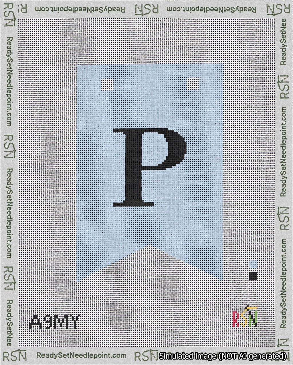 A taped needlepoint canvas with the design: Banner 18 mesh count Forked P Black on Light Blue.