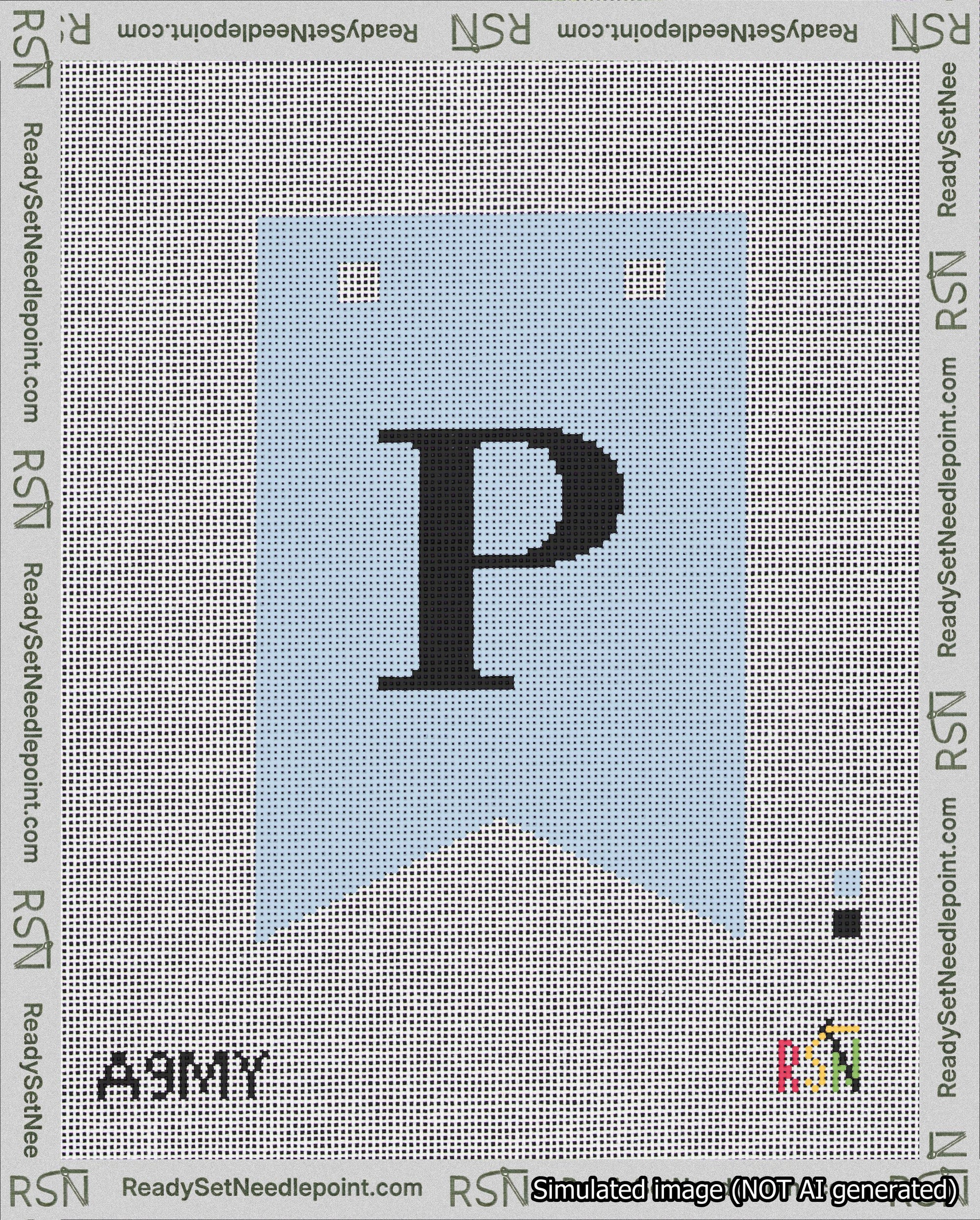 A taped needlepoint canvas with the design: Banner 18 mesh count Forked P Black on Light Blue.