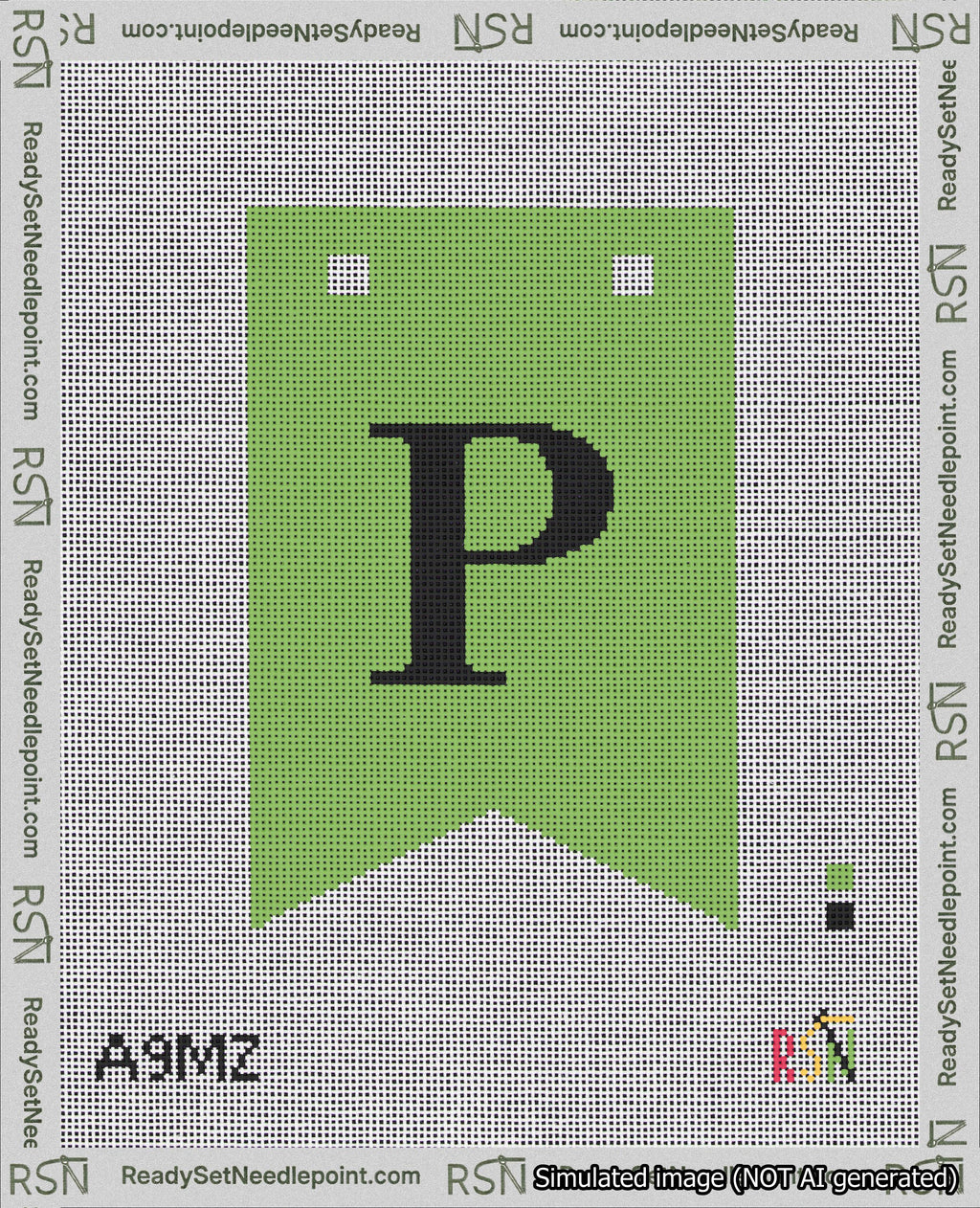 A taped needlepoint canvas with the design: Banner 18 mesh count Forked P Black on Light Green.