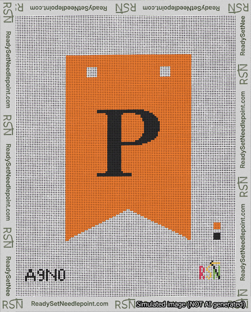 A taped needlepoint canvas with the design: Banner 18 mesh count Forked P Black on Orange.