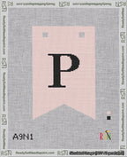 A taped needlepoint canvas with the design: Banner 18 mesh count Forked P Black on Pink.