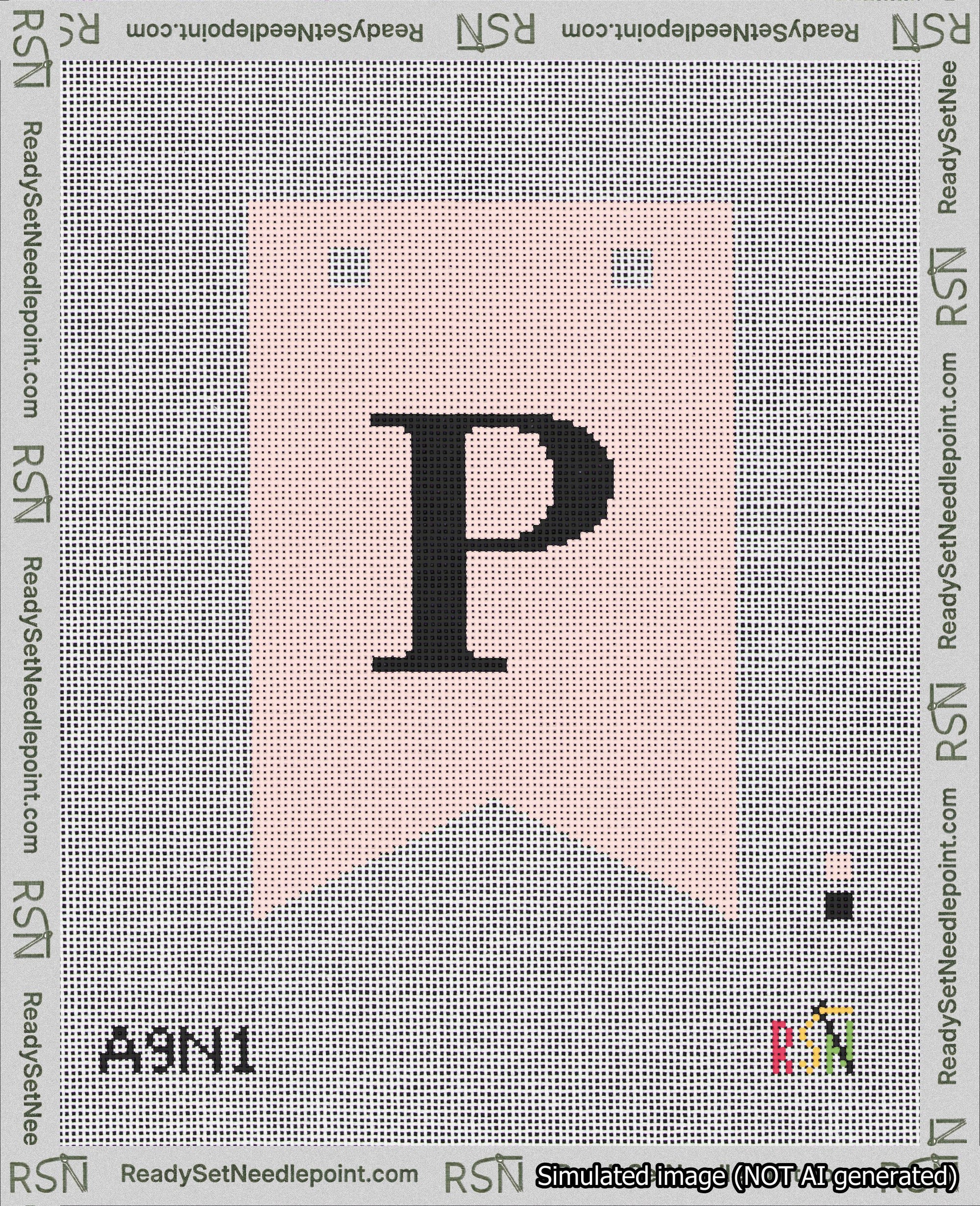 A taped needlepoint canvas with the design: Banner 18 mesh count Forked P Black on Pink.