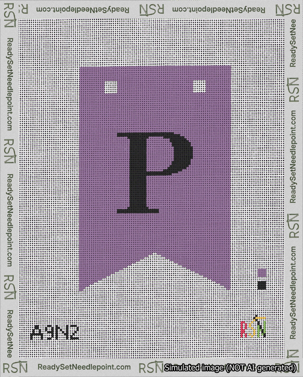 A taped needlepoint canvas with the design: Banner 18 mesh count Forked P Black on Purple.