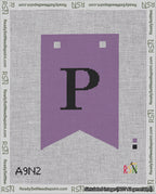 A taped needlepoint canvas with the design: Banner 18 mesh count Forked P Black on Purple.