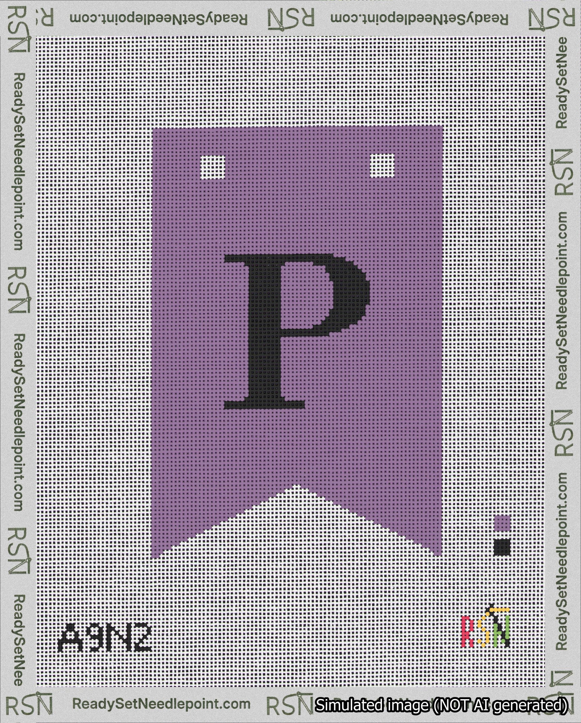 A taped needlepoint canvas with the design: Banner 18 mesh count Forked P Black on Purple.