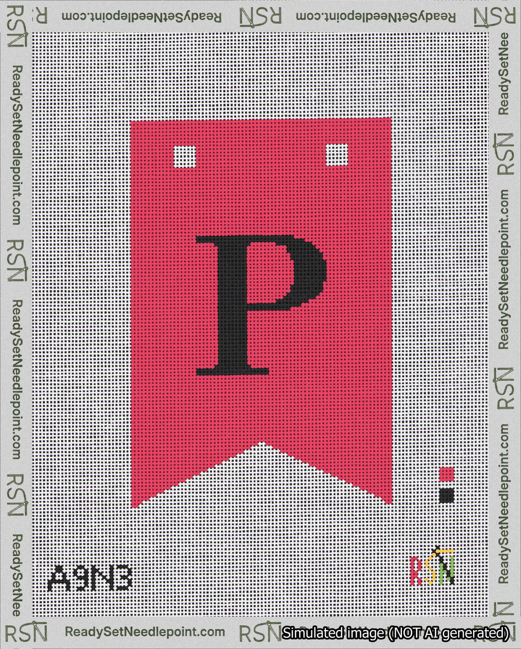 A taped needlepoint canvas with the design: Banner 18 mesh count Forked P Black on Red.