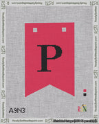 A taped needlepoint canvas with the design: Banner 18 mesh count Forked P Black on Red.