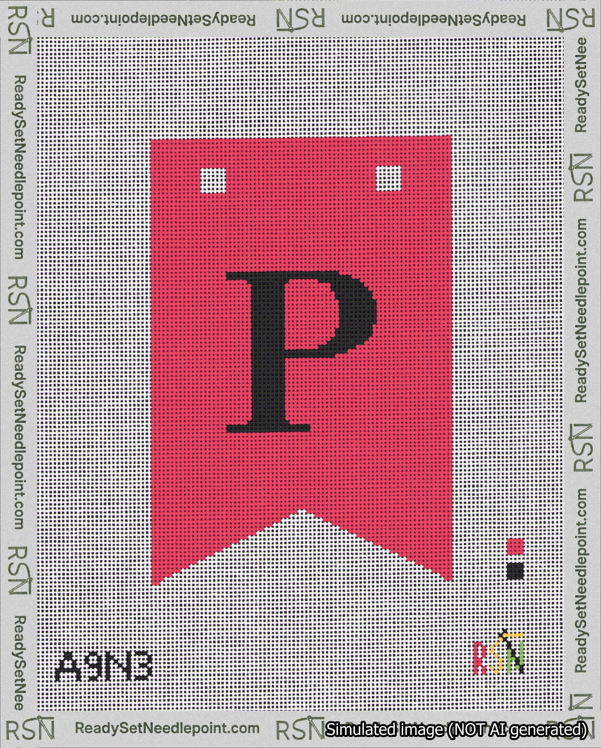 A taped needlepoint canvas with the design: Banner 18 mesh count Forked P Black on Red.