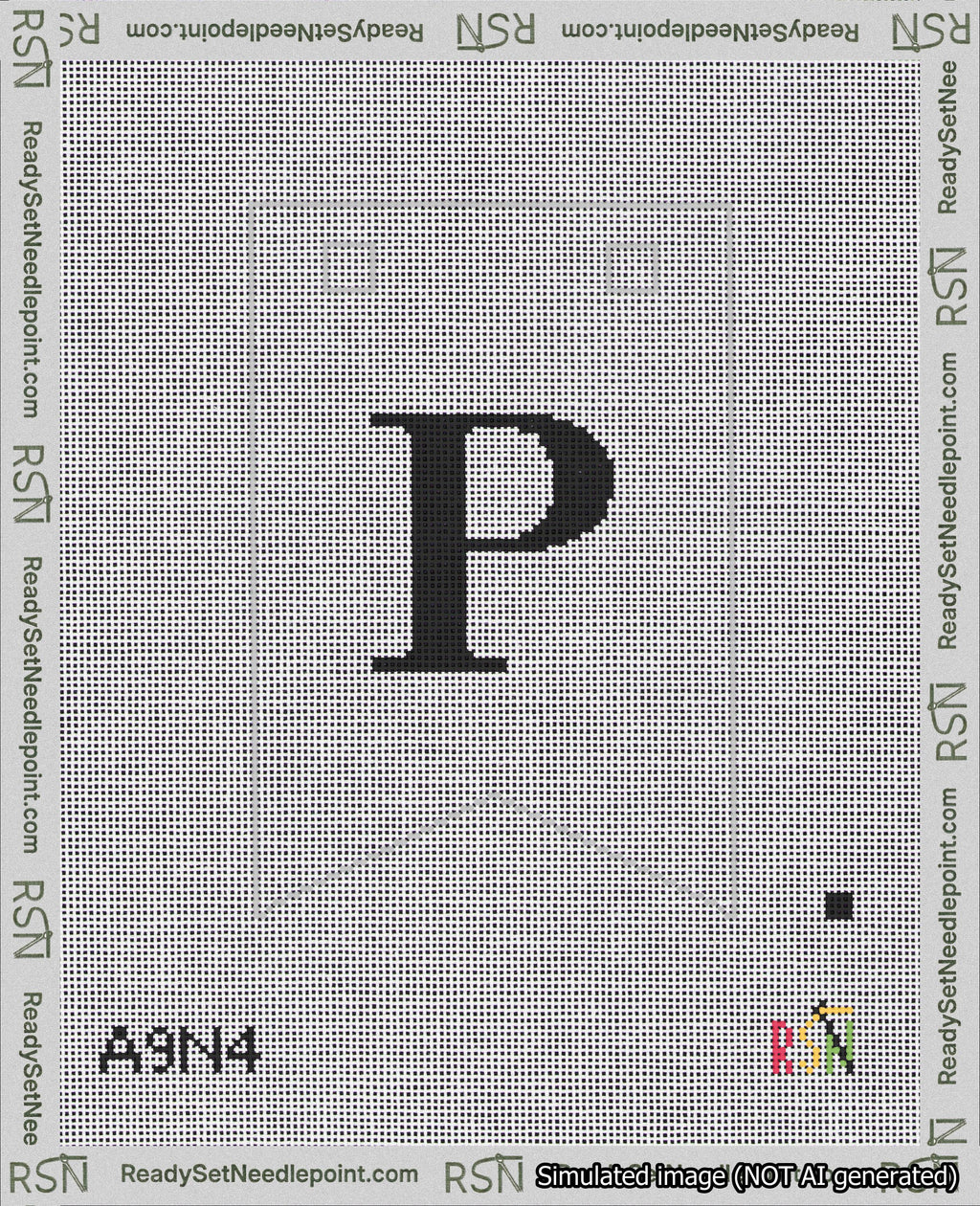 A taped needlepoint canvas with the design: Banner 18 mesh count Forked P Black on White.