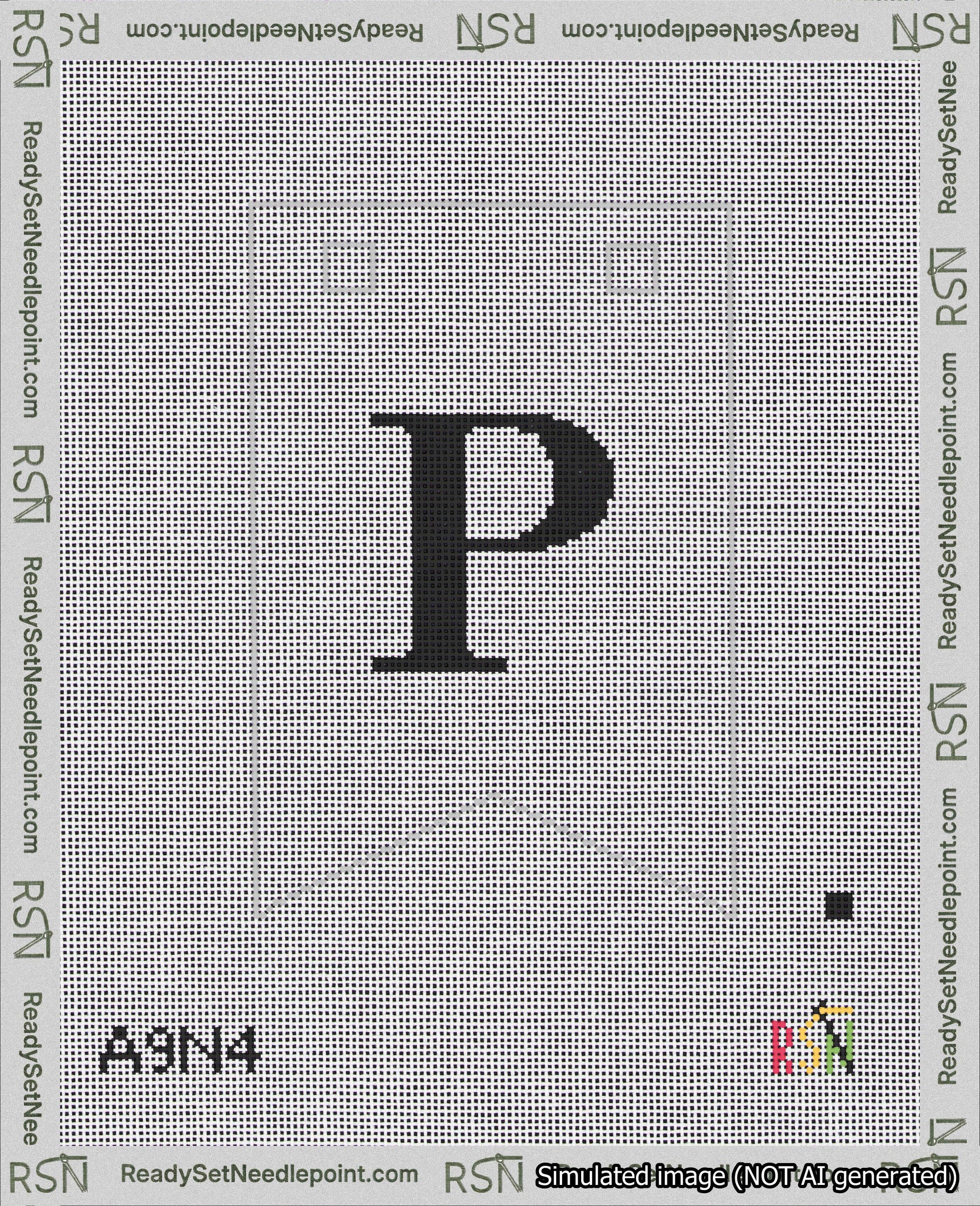 A taped needlepoint canvas with the design: Banner 18 mesh count Forked P Black on White.