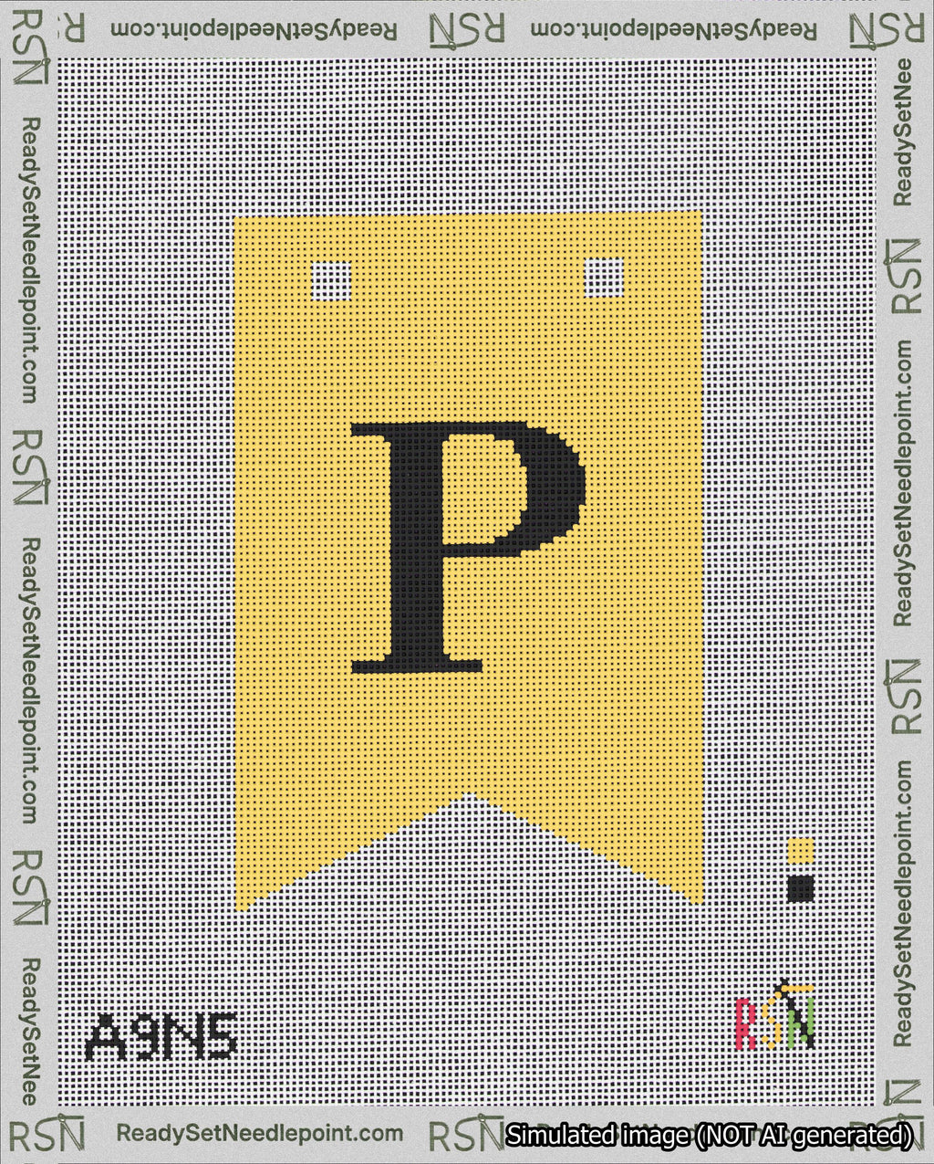 A taped needlepoint canvas with the design: Banner 18 mesh count Forked P Black on Yellow.