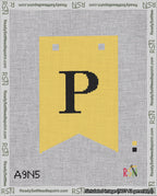A taped needlepoint canvas with the design: Banner 18 mesh count Forked P Black on Yellow.