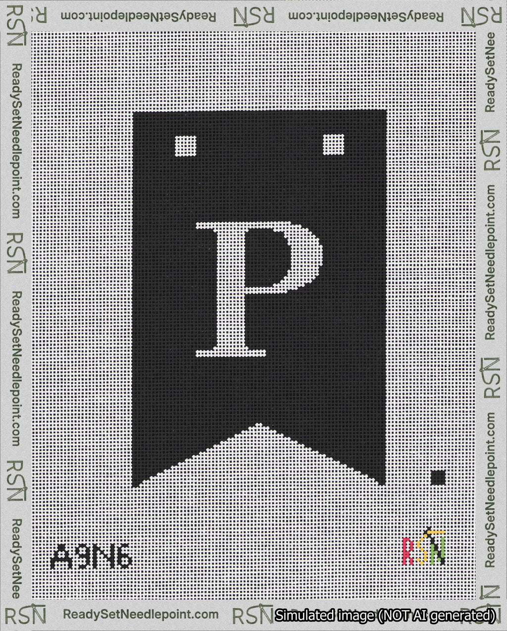 A taped needlepoint canvas with the design: Banner 18 mesh count Forked P White on Black.