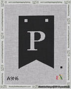 A taped needlepoint canvas with the design: Banner 18 mesh count Forked P White on Black.