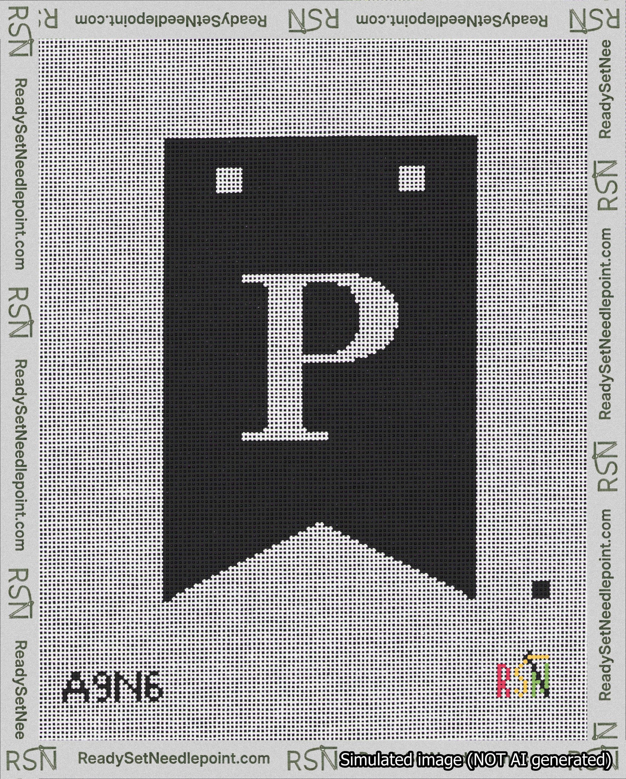 A taped needlepoint canvas with the design: Banner 18 mesh count Forked P White on Black.