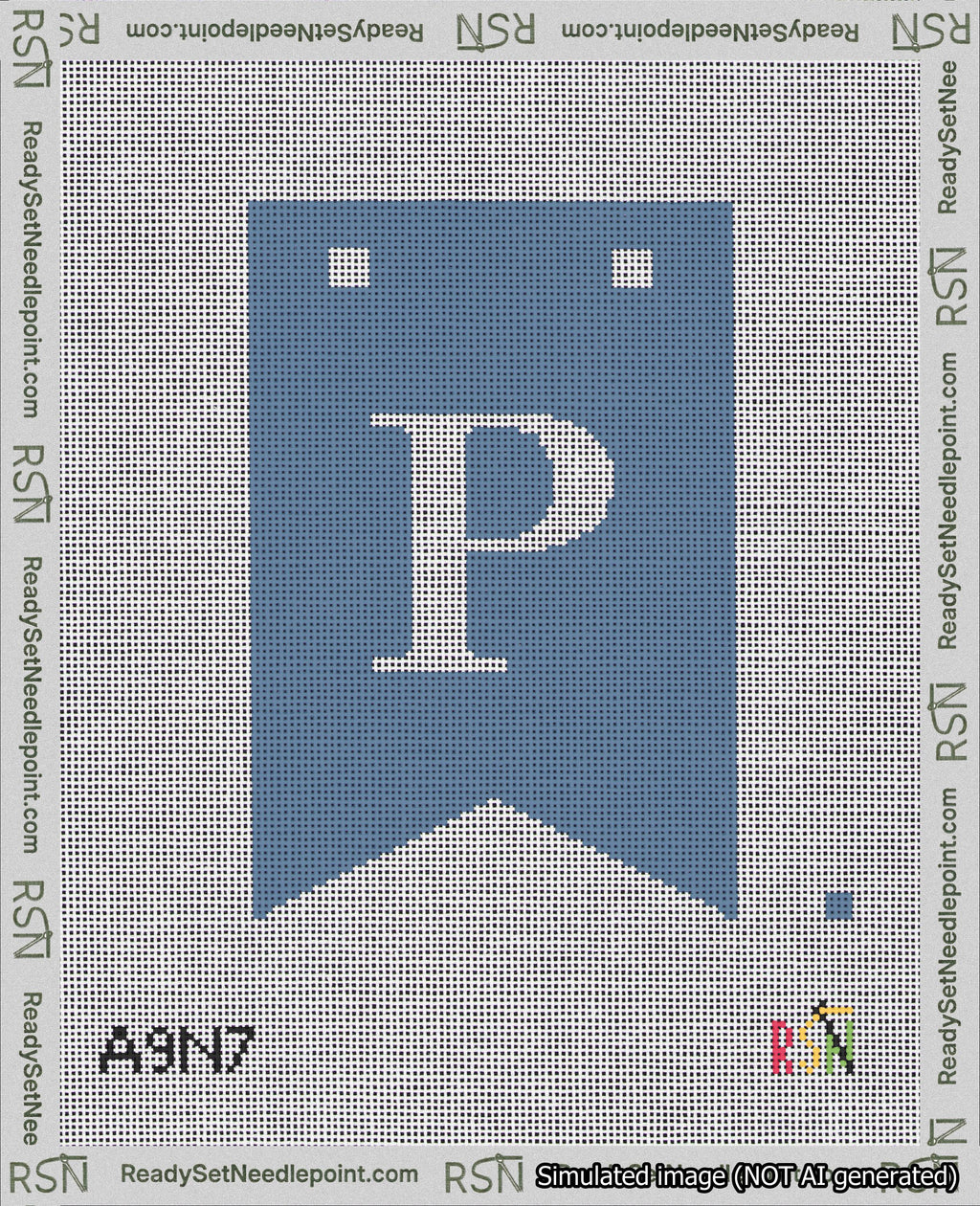 A taped needlepoint canvas with the design: Banner 18 mesh count Forked P White on Blue.