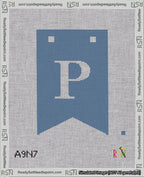 A taped needlepoint canvas with the design: Banner 18 mesh count Forked P White on Blue.