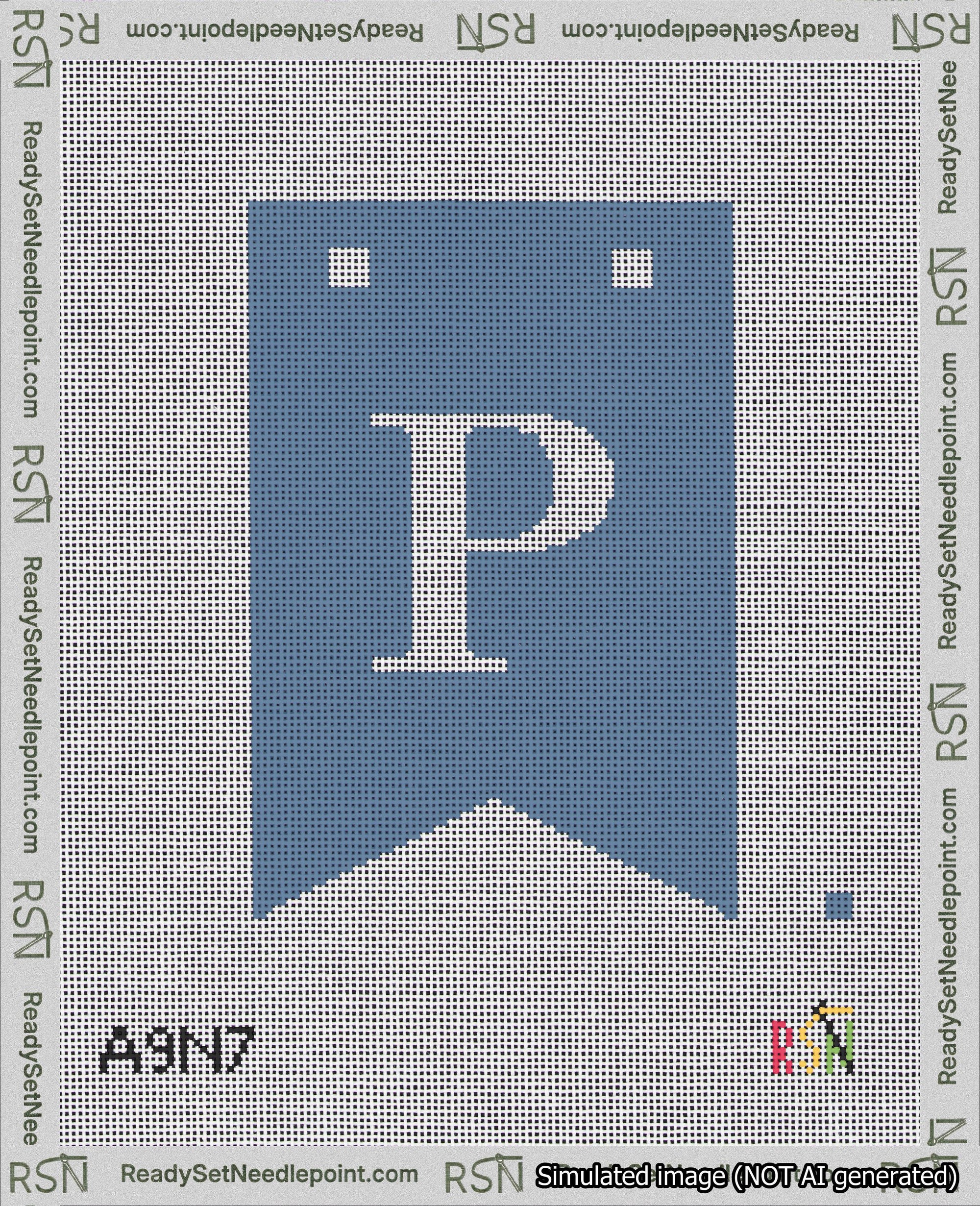 A taped needlepoint canvas with the design: Banner 18 mesh count Forked P White on Blue.
