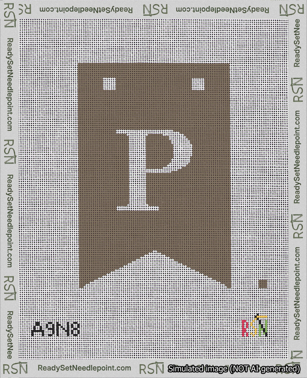 A taped needlepoint canvas with the design: Banner 18 mesh count Forked P White on Brown.