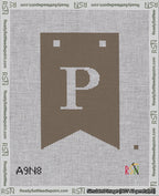 A taped needlepoint canvas with the design: Banner 18 mesh count Forked P White on Brown.