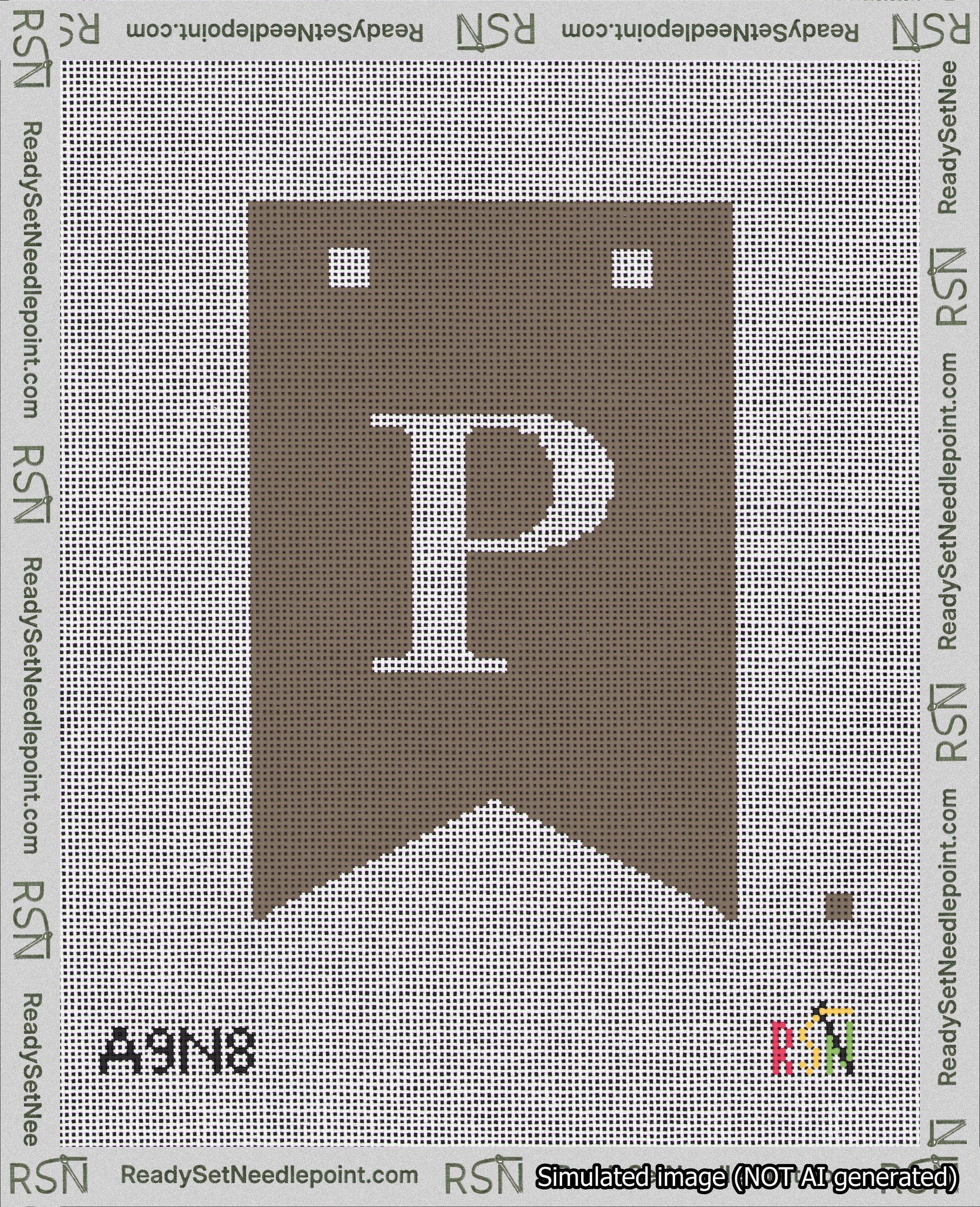 A taped needlepoint canvas with the design: Banner 18 mesh count Forked P White on Brown.