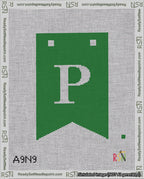 A taped needlepoint canvas with the design: Banner 18 mesh count Forked P White on Green.