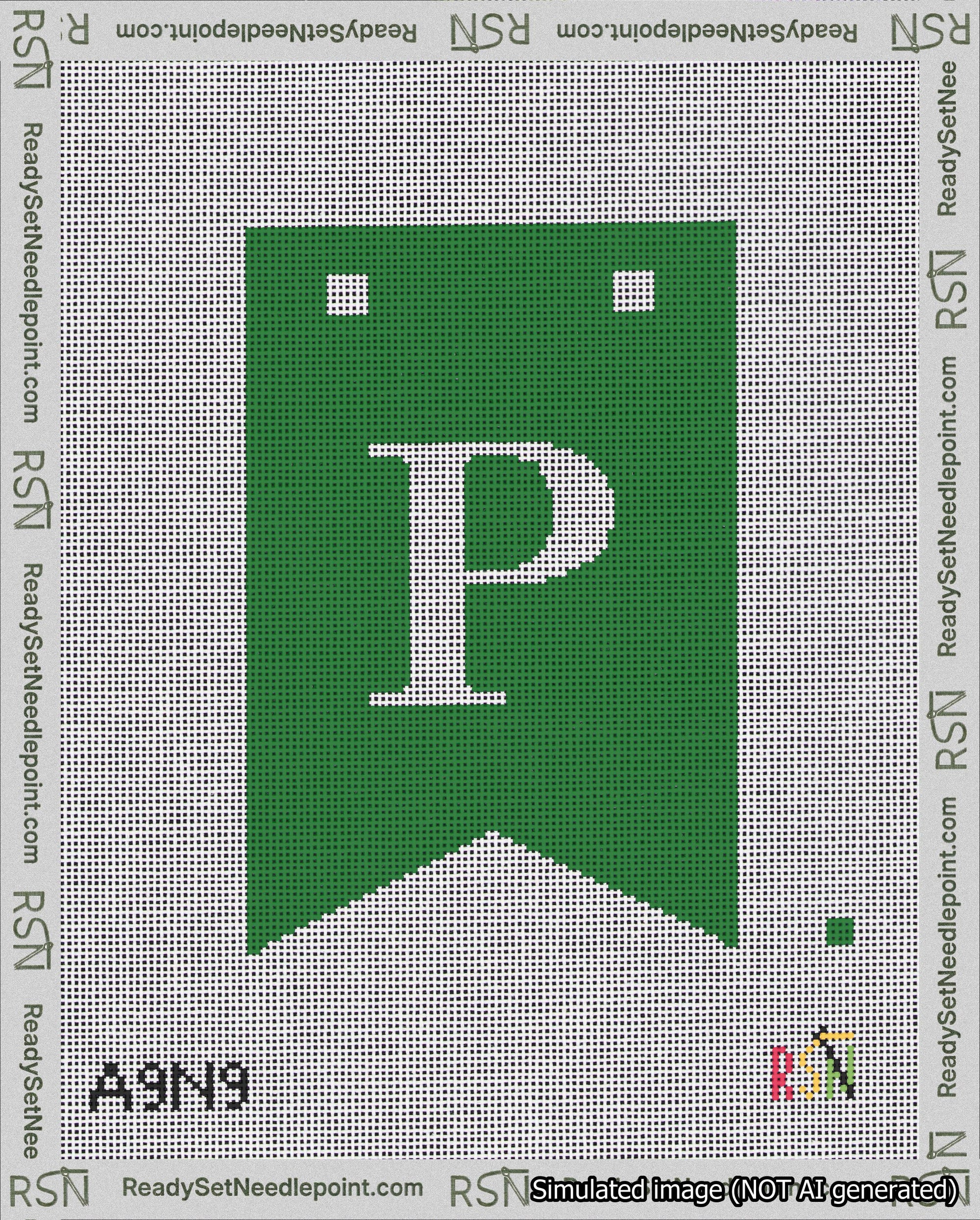 A taped needlepoint canvas with the design: Banner 18 mesh count Forked P White on Green.